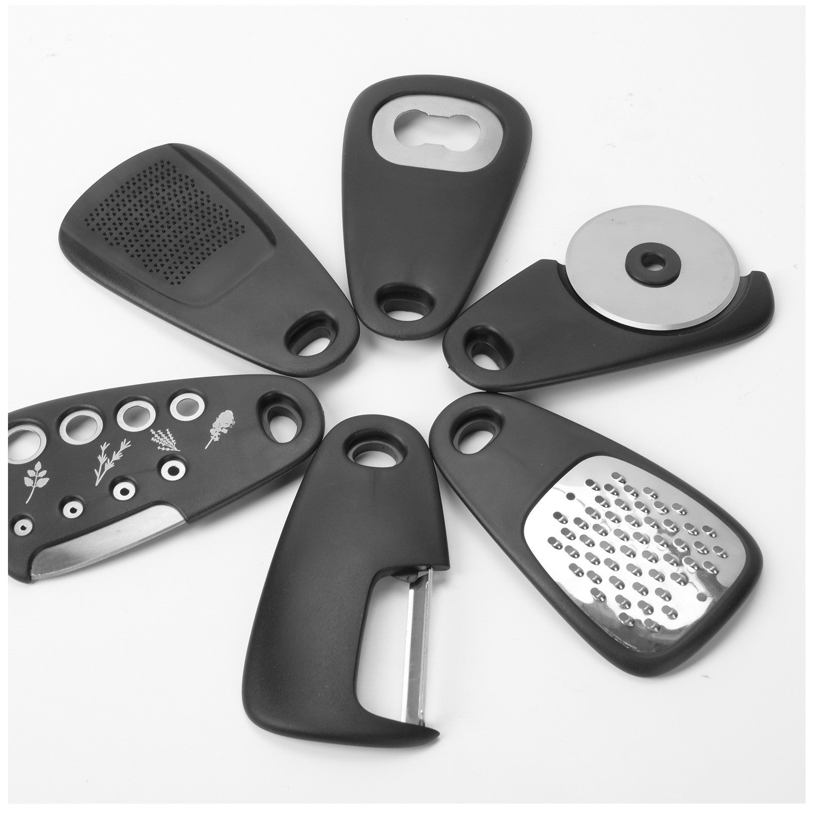 Set 6 in 1 mini ustensile bucatarie Kaveny, taietor pizza, cutit, curatator, razatoare, desfacator, presa usturoi, manere din ABS, lame ascutite din otel inoxidabil, 7.1 x 12.9 x 4.8 cm,  negru