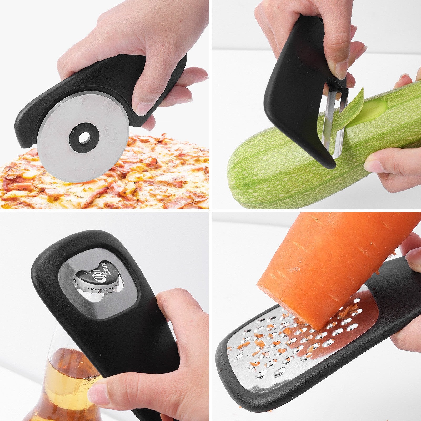 Set 6 in 1 mini ustensile bucatarie Kaveny, taietor pizza, cutit, curatator, razatoare, desfacator, presa usturoi, manere din ABS, lame ascutite din otel inoxidabil, 7.1 x 12.9 x 4.8 cm,  negru