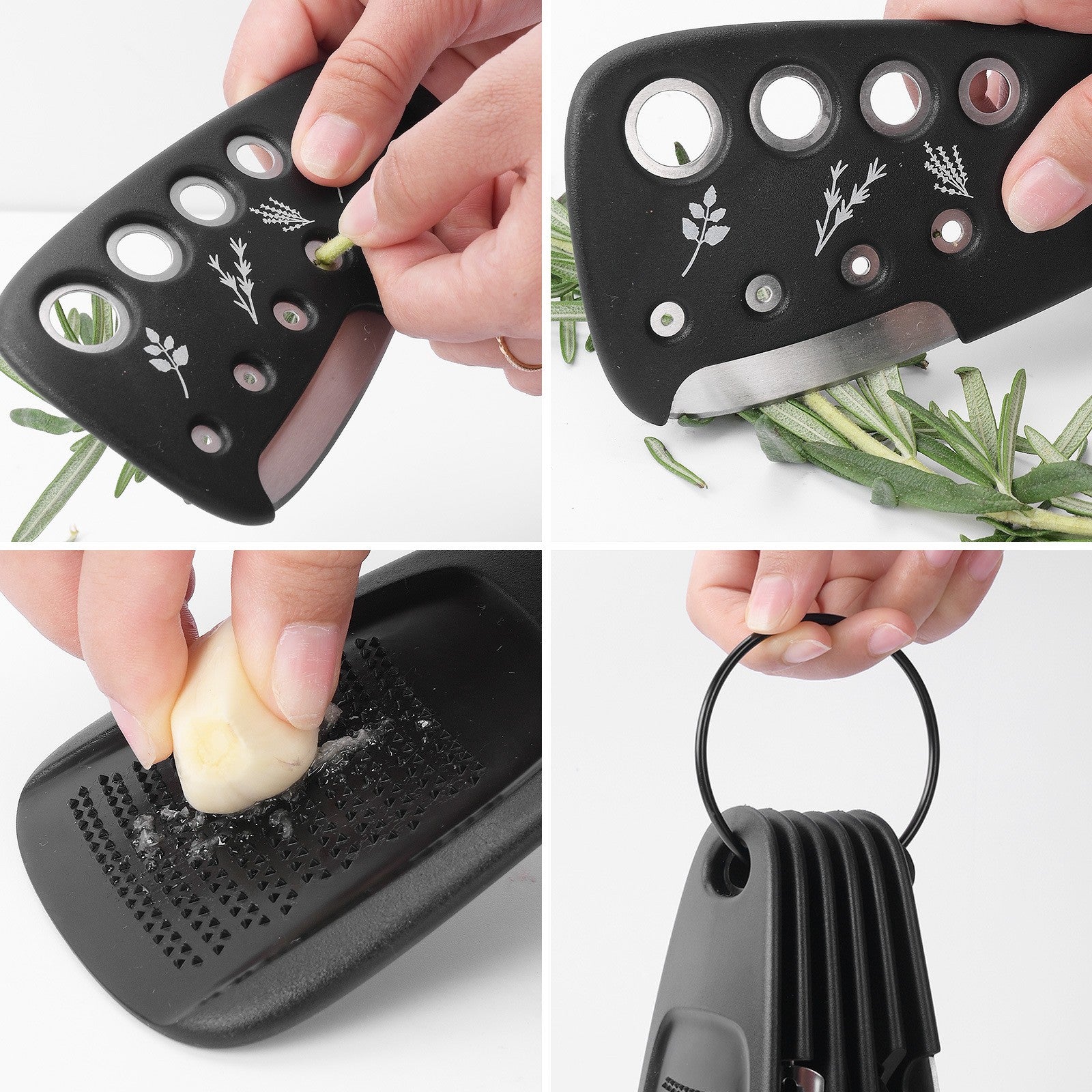 Set 6 in 1 mini ustensile bucatarie Kaveny, taietor pizza, cutit, curatator, razatoare, desfacator, presa usturoi, manere din ABS, lame ascutite din otel inoxidabil, 7.1 x 12.9 x 4.8 cm,  negru