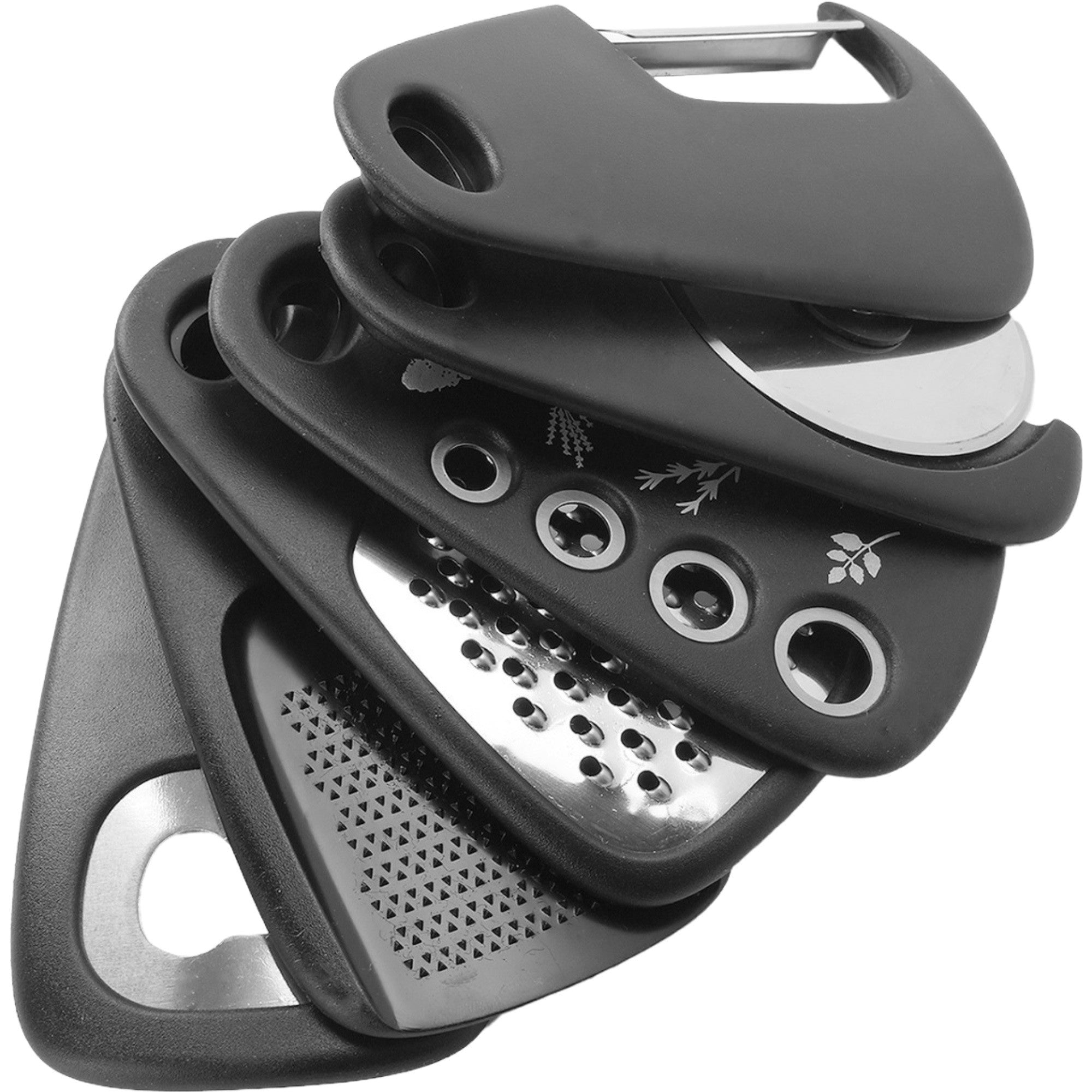 Set 6 in 1 mini ustensile bucatarie Kaveny, taietor pizza, cutit, curatator, razatoare, desfacator, presa usturoi, manere din ABS, lame ascutite din otel inoxidabil, 7.1 x 12.9 x 4.8 cm,  negru