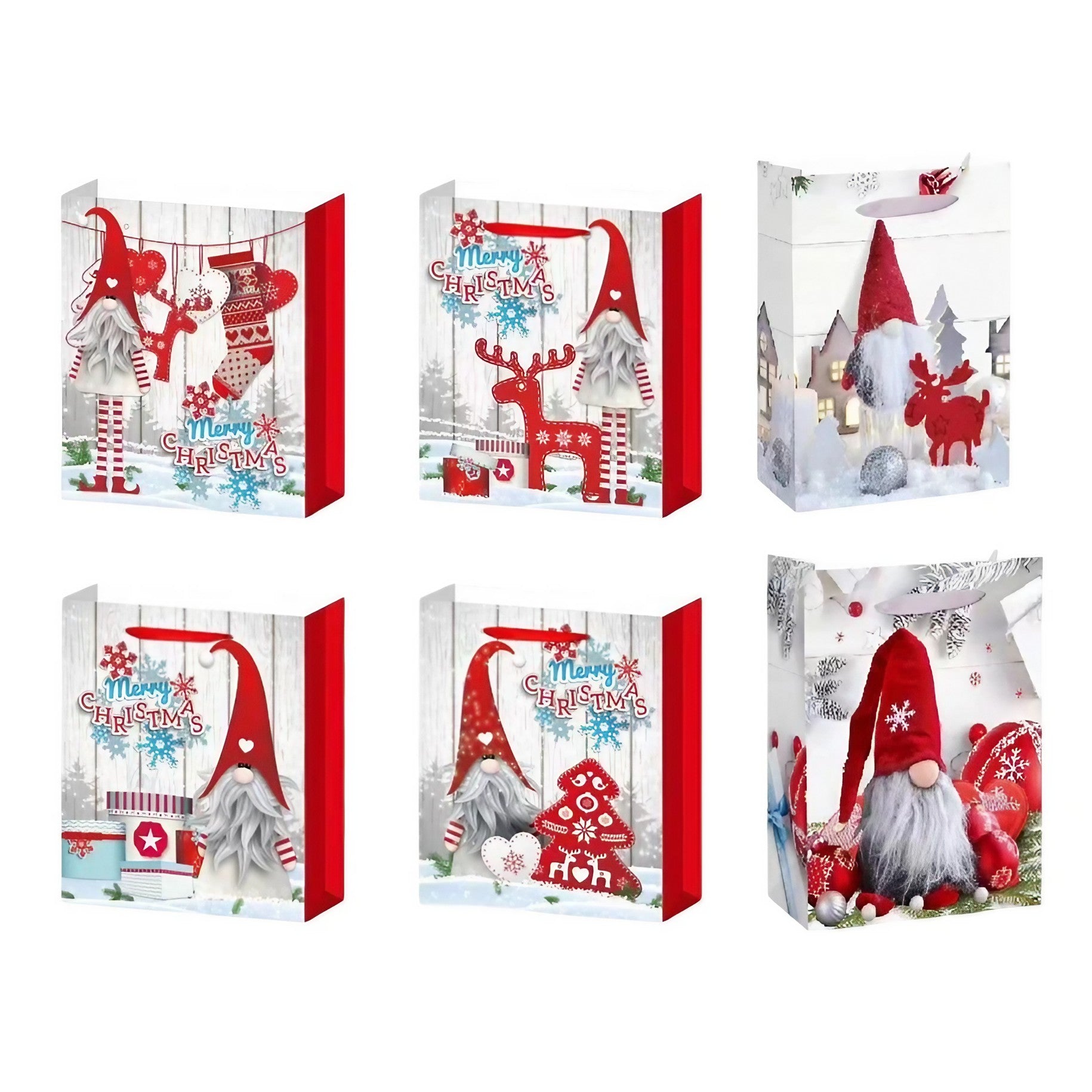 Set 6 Pungi Cadou, Kadeny, Imprimeu Tematica Gnomi, Model Random, din Hartie, Impachetare Usoara a Cadourilor, 18.5x22.5x8.5 cm, Multicolor