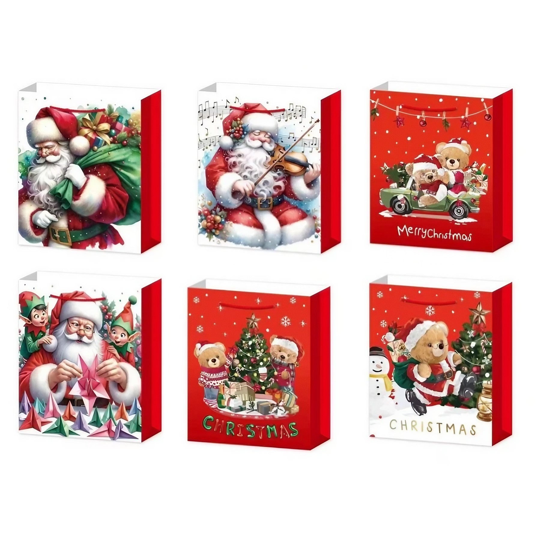 Set 6 Pungi Cadou, Kadeny, Imprimeu Tematica Mos Craciun, Ursuleti, Brazi, Model Random, din Hartie, Impachetare Usoara a Cadourilor, 18.5x22.5x8.5 cm, Multicolor