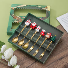 Set 6 Tacamuri, Kadeny, Tema Craciun, 3 Linguri + 3 Furculite, cu Figurine, din Otel Inoxidabil, Cutie Cadou, 19 x 22 x 2.2 cm, Auriu