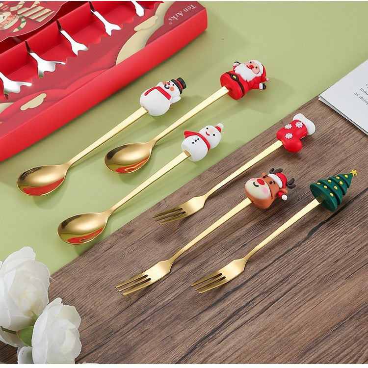 Set 6 Tacamuri, Kadeny, Tema Craciun, 3 Linguri + 3 Furculite, cu Figurine, din Otel Inoxidabil, Cutie Cadou, 19 x 22 x 2.2 cm, Auriu