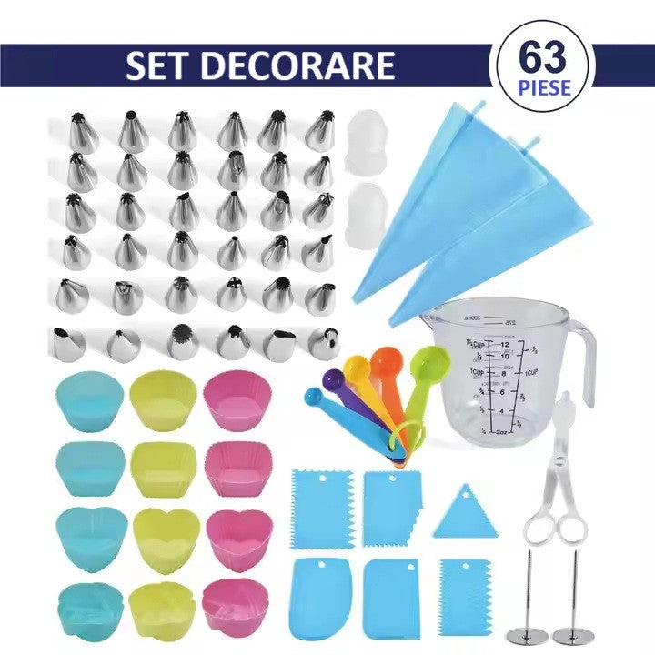 Set 63 Piese Ustensile pentru Ornare Prajituri, Kadeny, din Plastic si Otel Inoxidabil, Forme Briose, Multicolor