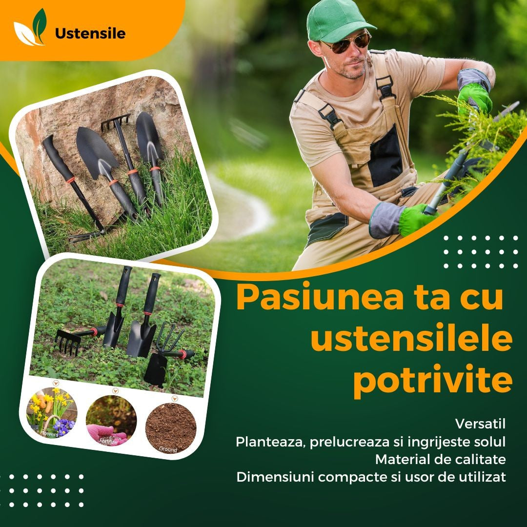 Set 7 Unelte de Gradina Kadeny, pentru Plantare Prelucrare Sol si Ingrijire Plante, Material PVC si cardboard, 31.5 x 8 cm, negru