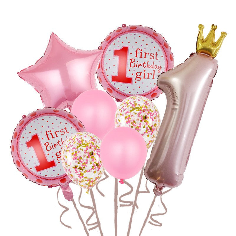 Set 8 Baloane din Folie Metalizata si din Latex, Kaveny, Figurine Cifra 1 Printesa 91cm, Stea 45 cm si Cerc 55 cm, Baloane Latex 30 cm, Tema Prima Aniversare, Ambalaj Individual, Pai Inclus, Umflare cu Aer sau Heliu, Roz