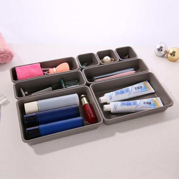 Set 8 cutii depozitare, pentru sertar, cosmetice, ustensile bucatarie, textile, plastic, gri, Kaveny, 23.5 x 16 cm