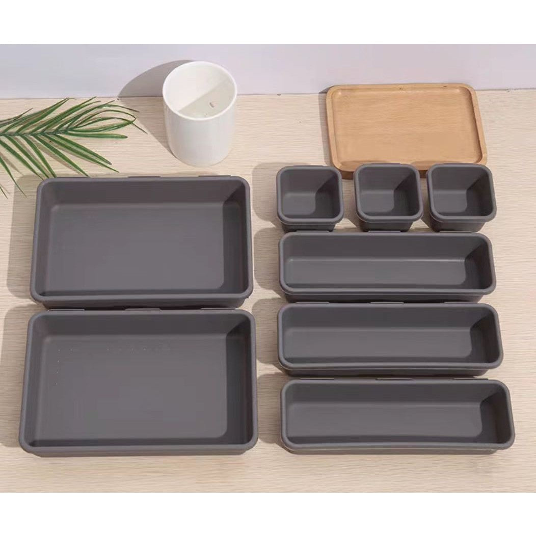 Set 8 cutii depozitare, pentru sertar, cosmetice, ustensile bucatarie, textile, plastic, gri, Kaveny, 23.5 x 16 cm
