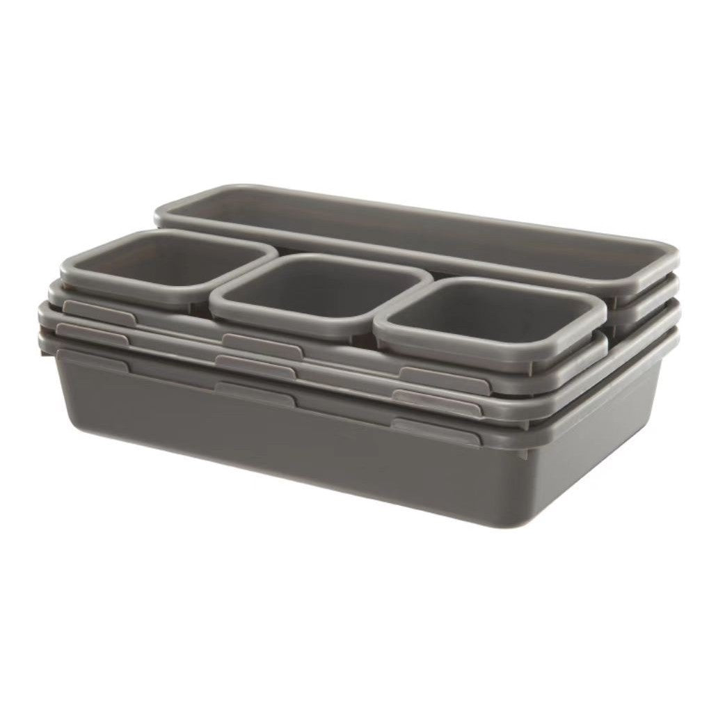Set 8 cutii depozitare, pentru sertar, cosmetice, ustensile bucatarie, textile, plastic, gri, Kaveny, 23.5 x 16 cm