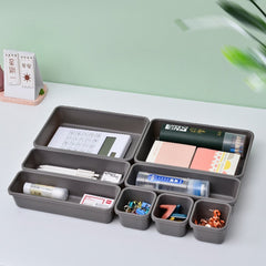 Set 8 cutii depozitare, pentru sertar, cosmetice, ustensile bucatarie, textile, plastic, gri, Kaveny, 23.5 x 16 cm