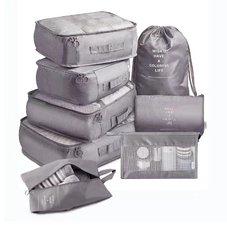 Set 8 huse organizare bagaj Kaveny, material poliester, impermeabil, cu fermoar, pentru calatorii sau dulap, sac pentru pantofi inclus, pliabil, gri