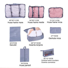 Set 8 huse organizare bagaj Kaveny, material poliester, impermeabil, cu fermoar, pentru calatorii sau dulap, sac pentru pantofi inclus, pliabil, gri