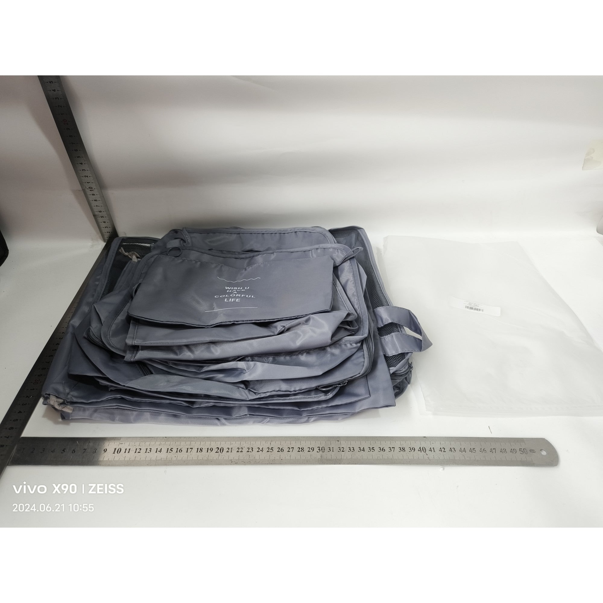 Set 8 huse organizare bagaj Kaveny, material poliester, impermeabil, cu fermoar, pentru calatorii sau dulap, sac pentru pantofi inclus, pliabil, gri
