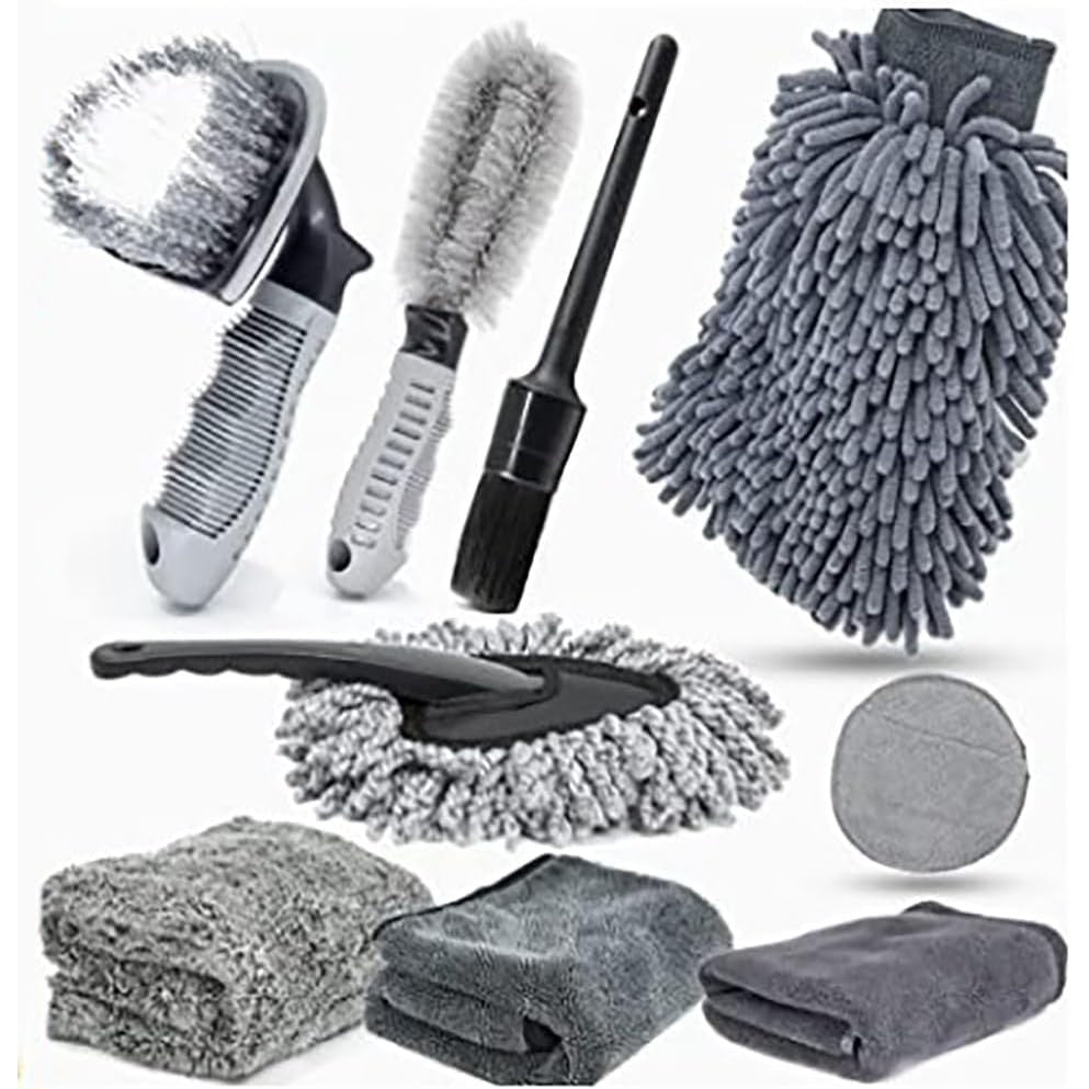 Set 9 Piese pentru Spalat Auto, Kadeny, din Plastic si Microfibra, Perii si Lavete, Model B, Gri