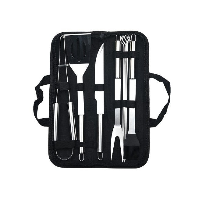 Set 9 Ustensile pentru Gratar, Kadeny, din Otel Inoxidabil, Geanta Oxford, Argintiu