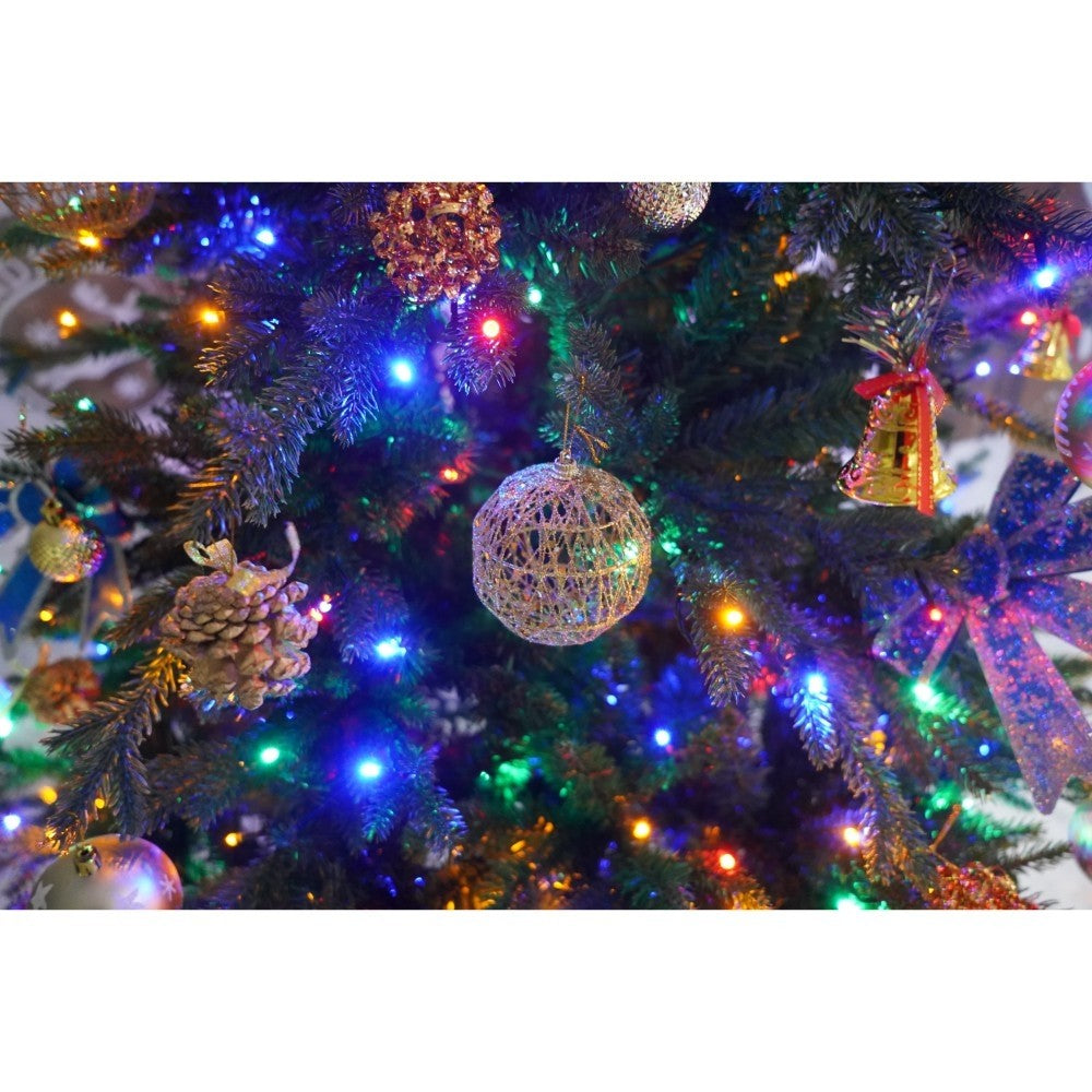 Set brad artificial de Craciun si elemente decorative, Becuri led incluse in ramuri, pentru interior/exterior, inaltime 180 cm, diametru 128 cm, 1246 ramuri, Kadeny, verde, suport metalic inclus