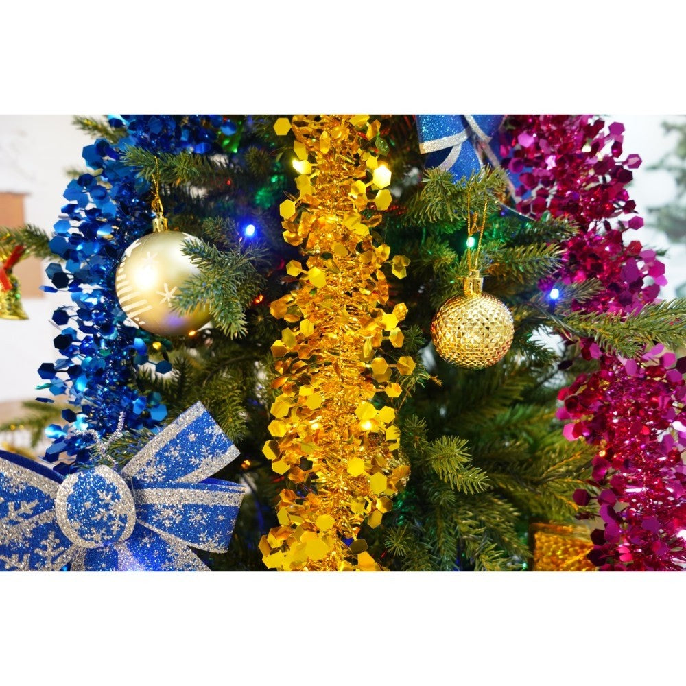 Set brad artificial de Craciun si elemente decorative, Becuri led incluse in ramuri, pentru interior/exterior, inaltime 180 cm, diametru 128 cm, 1246 ramuri, Kadeny, verde, suport metalic inclus