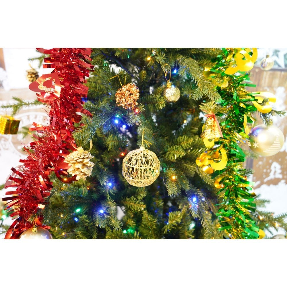 Set brad artificial de Craciun si elemente decorative, Becuri led incluse in ramuri, pentru interior/exterior, inaltime 180 cm, diametru 128 cm, 1246 ramuri, Kadeny, verde, suport metalic inclus