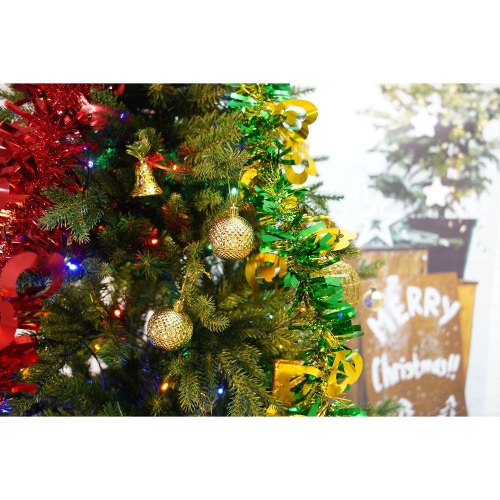 Set brad artificial de Craciun si elemente decorative, Becuri led incluse in ramuri, pentru interior/exterior, inaltime 180 cm, diametru 128 cm, 1246 ramuri, Kadeny, verde, suport metalic inclus