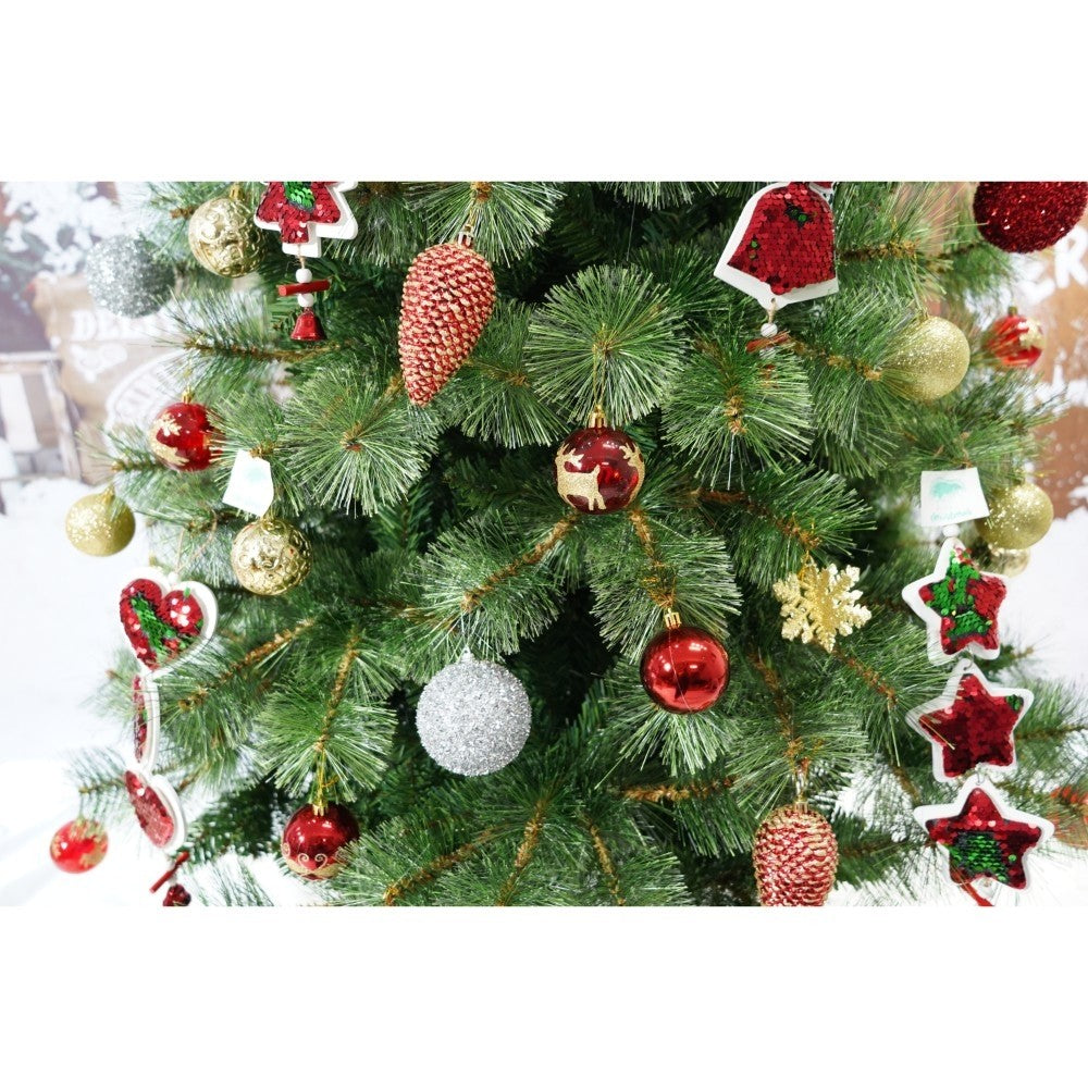 Set brad artificial de Craciun si elemente decorative, Becuri led incluse in ramuri, pentru interior/exterior, inaltime 180 cm, diametru 128 cm, 1246 ramuri, Kadeny, verde, suport metalic inclus