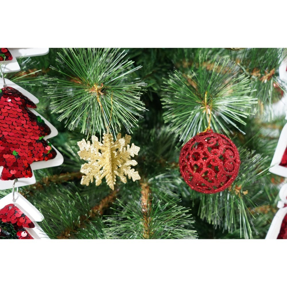 Set brad artificial de Craciun si elemente decorative, Becuri led incluse in ramuri, pentru interior/exterior, inaltime 180 cm, diametru 128 cm, 1246 ramuri, Kadeny, verde, suport metalic inclus