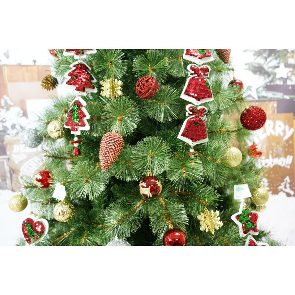 Set brad artificial de Craciun si elemente decorative, Becuri led incluse in ramuri, pentru interior/exterior, inaltime 180 cm, diametru 128 cm, 1246 ramuri, Kadeny, verde, suport metalic inclus