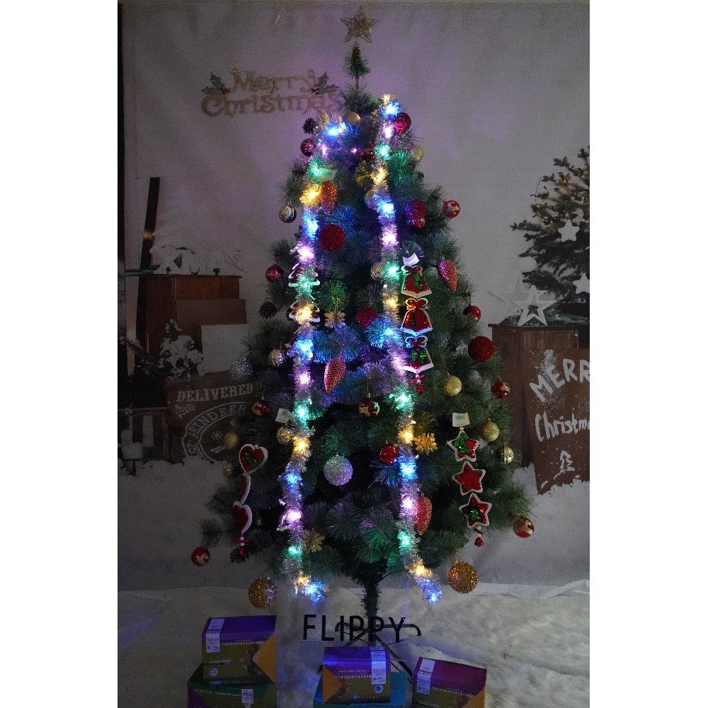 Set brad artificial de Craciun si elemente decorative, Becuri led incluse in ramuri, pentru interior/exterior, inaltime 180 cm, diametru 128 cm, 1246 ramuri, Kadeny, verde, suport metalic inclus