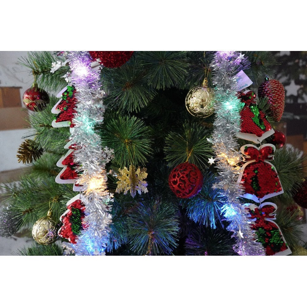 Set brad artificial de Craciun si elemente decorative, Becuri led incluse in ramuri, pentru interior/exterior, inaltime 180 cm, diametru 128 cm, 1246 ramuri, Kadeny, verde, suport metalic inclus