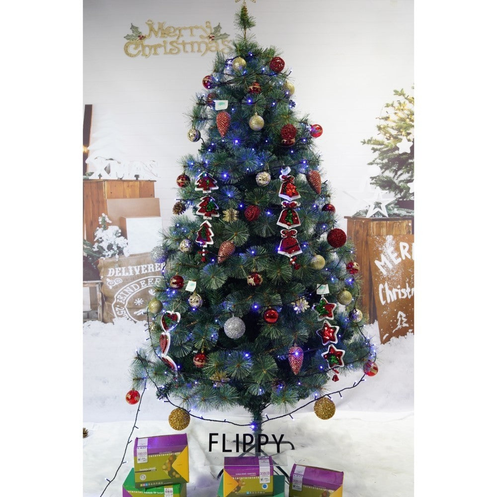 Set brad artificial de Craciun si elemente decorative, Becuri led incluse in ramuri, pentru interior/exterior, inaltime 180 cm, diametru 128 cm, 1246 ramuri, Kadeny, verde, suport metalic inclus