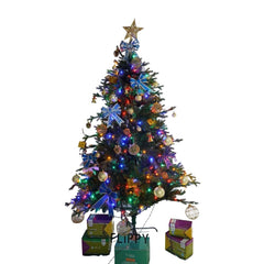 Set brad artificial de Craciun si elemente decorative, Becuri led incluse in ramuri, pentru interior/exterior, inaltime 180 cm, diametru 128 cm, 1246 ramuri, Kadeny, verde, suport metalic inclus