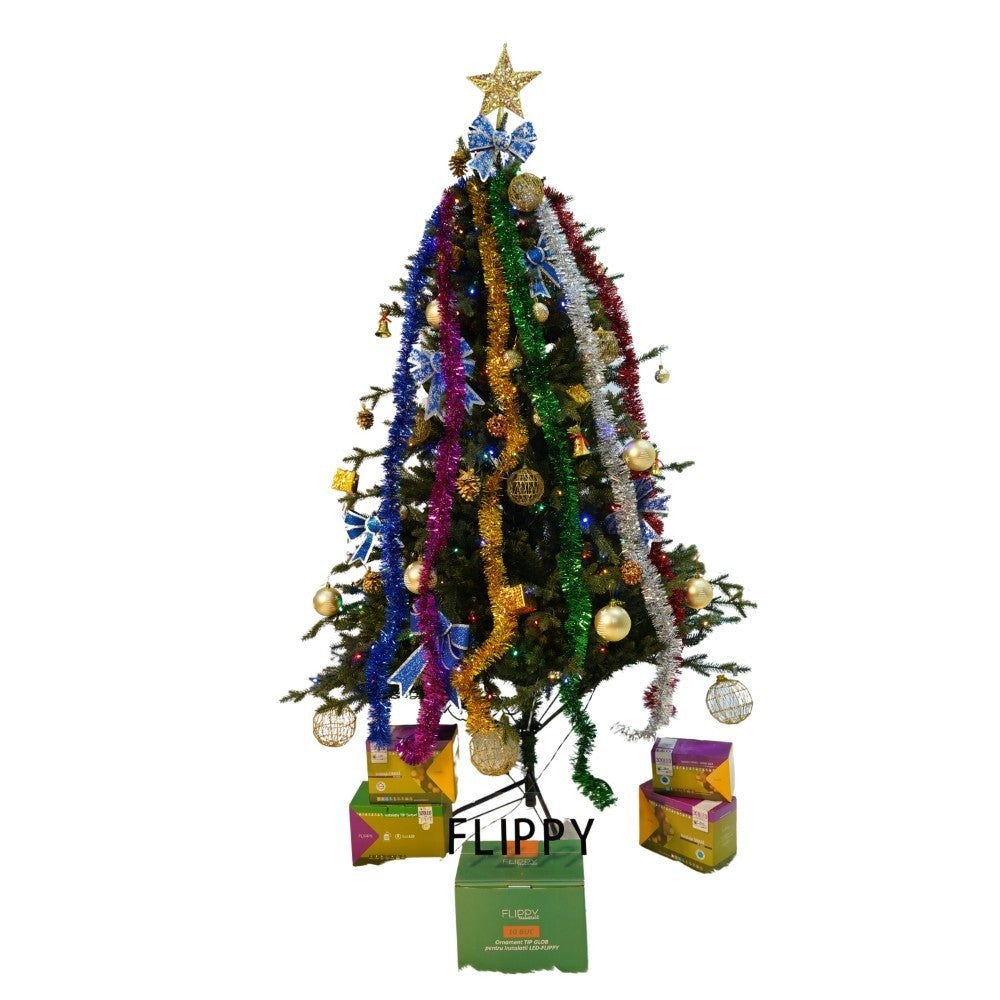 Set brad artificial de Craciun si elemente decorative, Becuri led incluse in ramuri, pentru interior/exterior, inaltime 180 cm, diametru 128 cm, 1246 ramuri, Kadeny, verde, suport metalic inclus