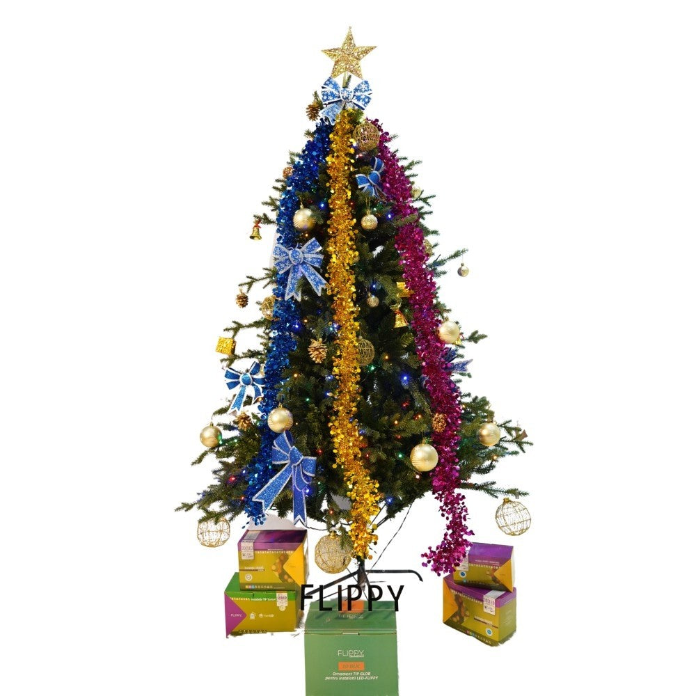 Set brad artificial de Craciun si elemente decorative, Becuri led incluse in ramuri, pentru interior/exterior, inaltime 180 cm, diametru 128 cm, 1246 ramuri, Kadeny, verde, suport metalic inclus