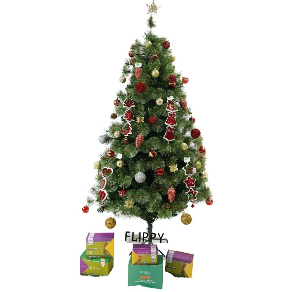 Set brad artificial de Craciun si elemente decorative, Becuri led incluse in ramuri, pentru interior/exterior, inaltime 180 cm, diametru 128 cm, 1246 ramuri, Kadeny, verde, suport metalic inclus