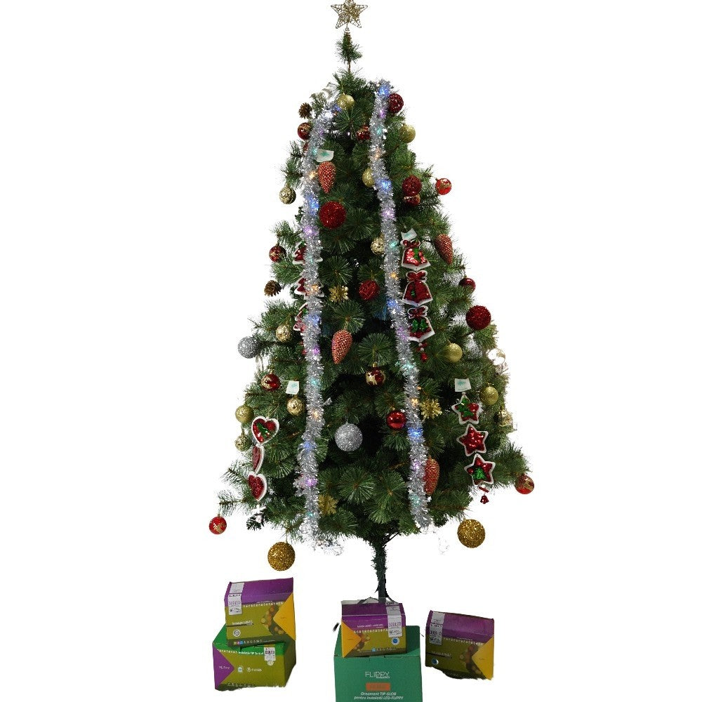 Set brad artificial de Craciun si elemente decorative, Becuri led incluse in ramuri, pentru interior/exterior, inaltime 180 cm, diametru 128 cm, 1246 ramuri, Kadeny, verde, suport metalic inclus