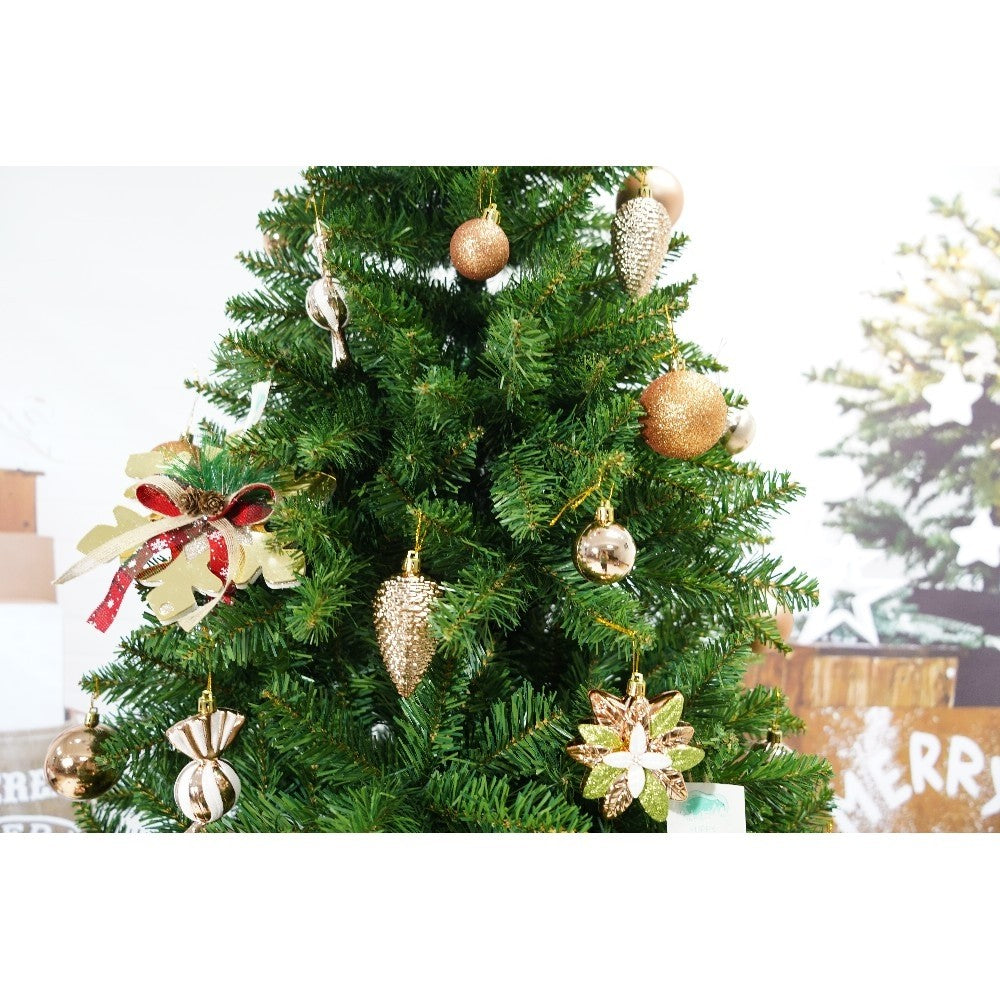 Set brad artificial de Craciun si elemente decorative, clasic, pentru interior/exterior, inaltime 210 cm, diametru 125 cm, 957 ramuri, Kadeny, verde, suport metalic inclus