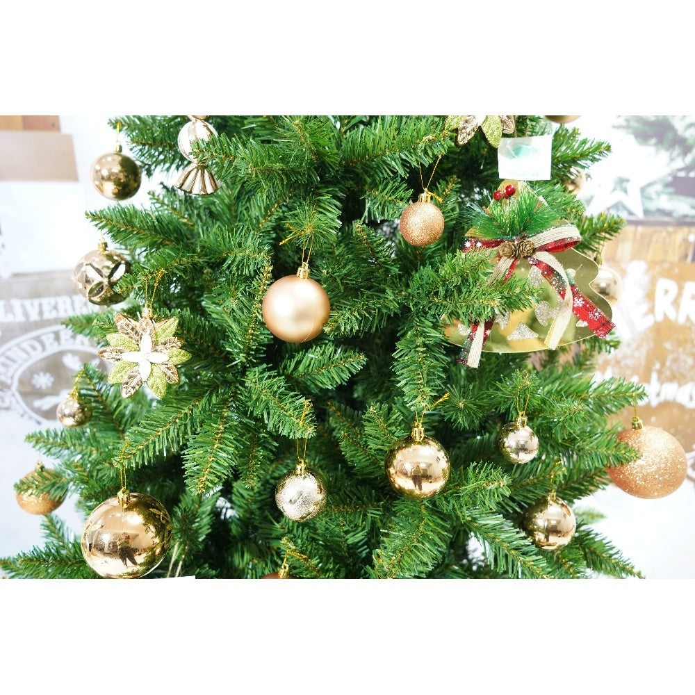 Set brad artificial de Craciun si elemente decorative, clasic, pentru interior/exterior, inaltime 210 cm, diametru 125 cm, 957 ramuri, Kadeny, verde, suport metalic inclus