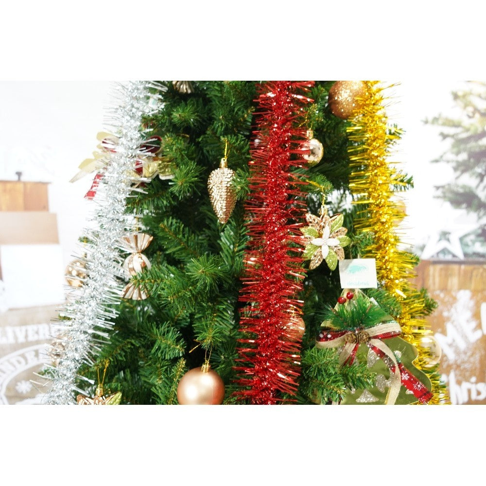 Set brad artificial de Craciun si elemente decorative, clasic, pentru interior/exterior, inaltime 210 cm, diametru 125 cm, 957 ramuri, Kadeny, verde, suport metalic inclus