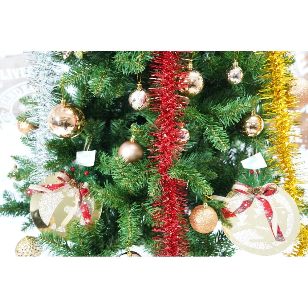 Set brad artificial de Craciun si elemente decorative, clasic, pentru interior/exterior, inaltime 210 cm, diametru 125 cm, 957 ramuri, Kadeny, verde, suport metalic inclus