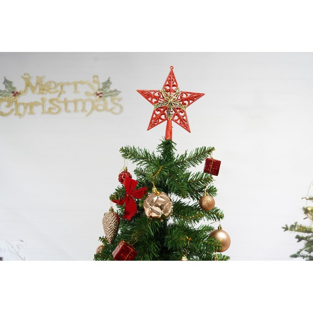 Set brad artificial de Craciun si elemente decorative, clasic, pentru interior/exterior, inaltime 210 cm, diametru 125 cm, 957 ramuri, Kadeny, verde, suport metalic inclus