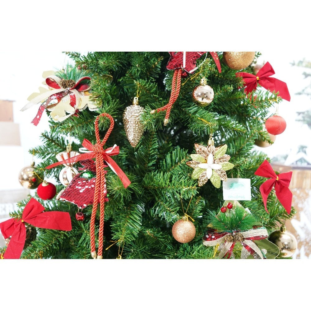 Set brad artificial de Craciun si elemente decorative, clasic, pentru interior/exterior, inaltime 210 cm, diametru 125 cm, 957 ramuri, Kadeny, verde, suport metalic inclus