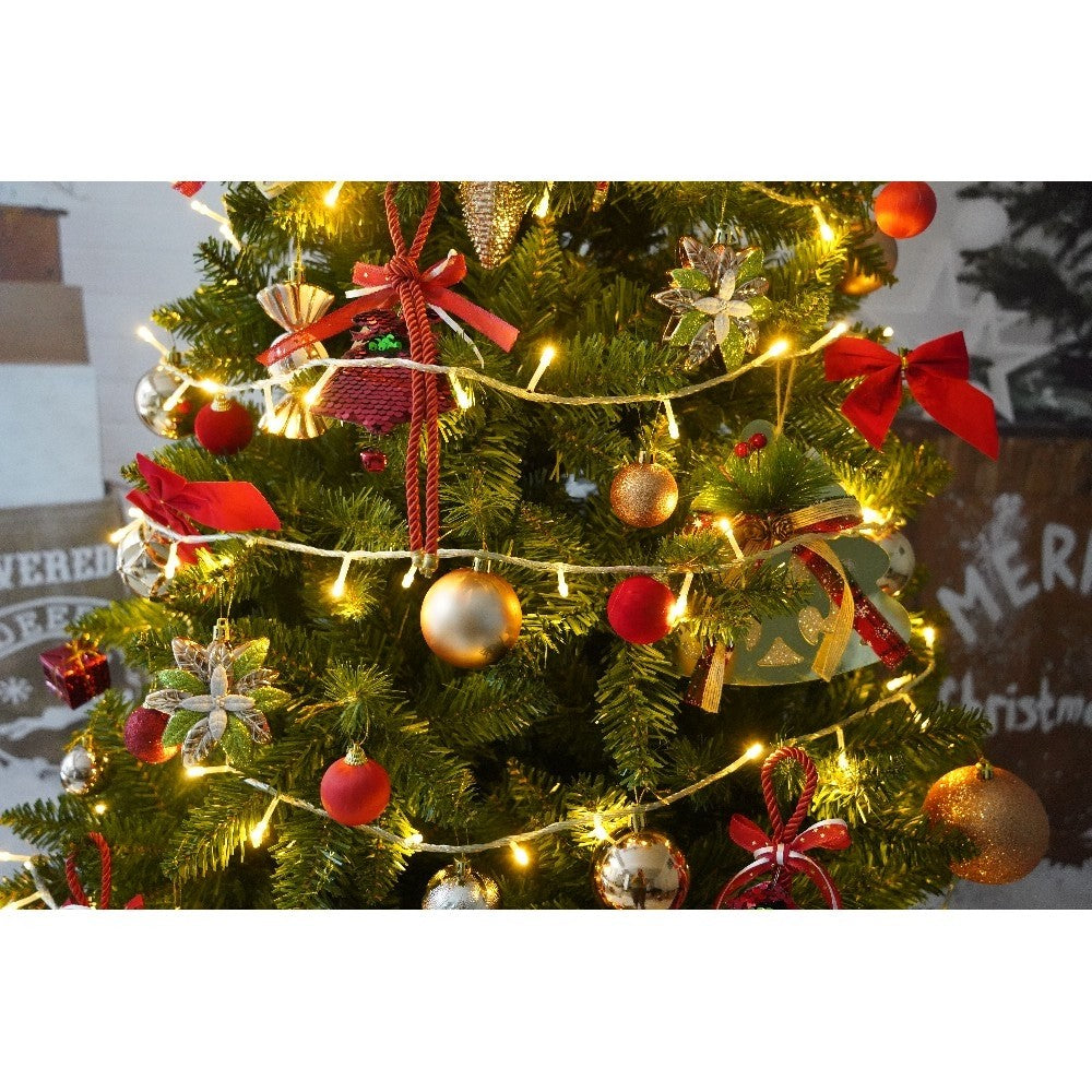 Set brad artificial de Craciun si elemente decorative, clasic, pentru interior/exterior, inaltime 210 cm, diametru 125 cm, 957 ramuri, Kadeny, verde, suport metalic inclus