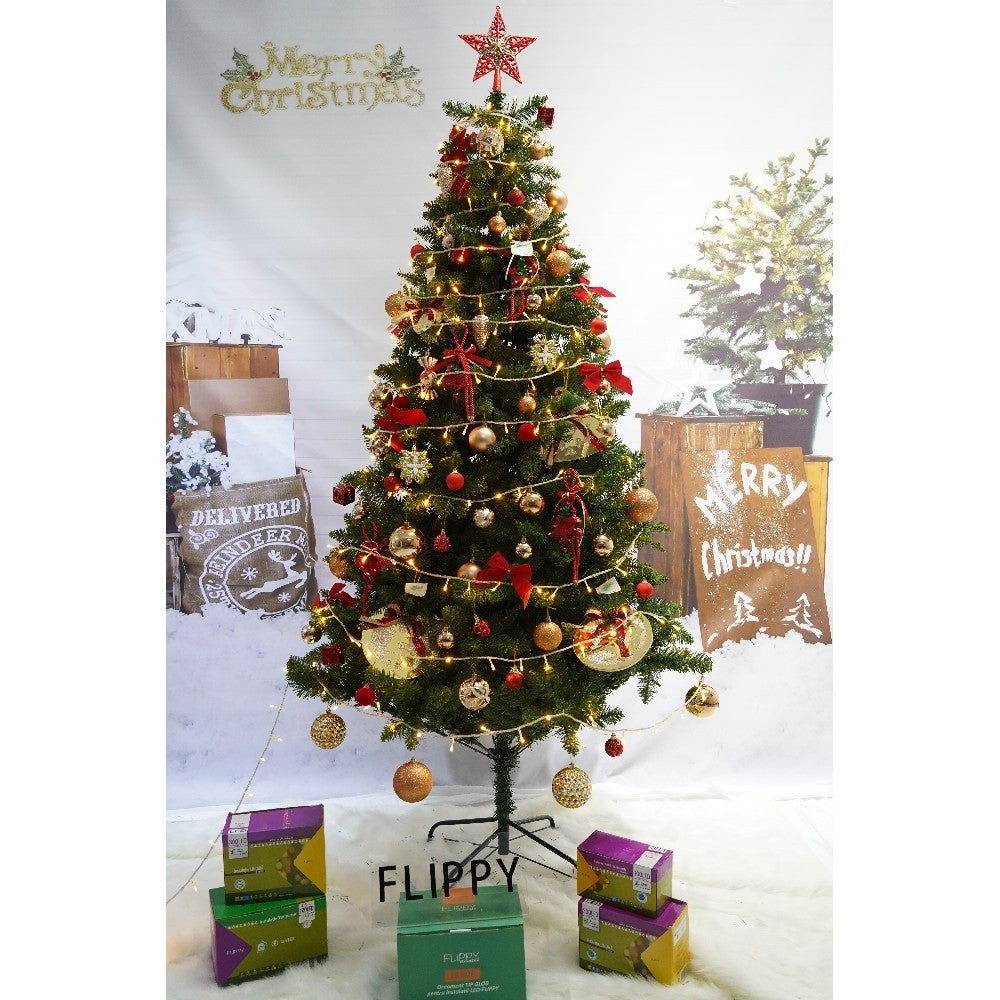 Set brad artificial de Craciun si elemente decorative, clasic, pentru interior/exterior, inaltime 210 cm, diametru 125 cm, 957 ramuri, Kadeny, verde, suport metalic inclus