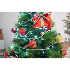 Set brad artificial de Craciun si elemente decorative, Decorat cu conuri de pin, pentru interior/exterior, inaltime 210 cm, diametru 114 cm, 1057 ramuri, Kadeny, verde, suport metalic inclus