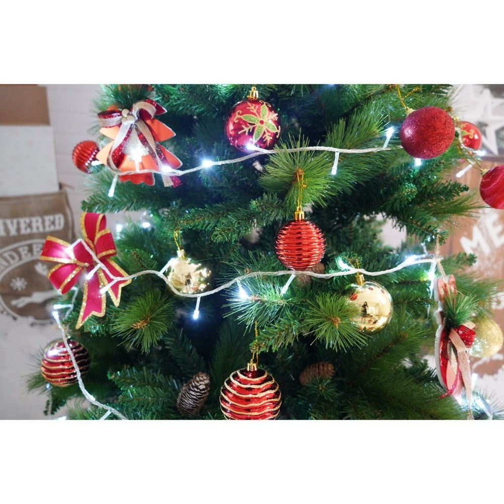 Set brad artificial de Craciun si elemente decorative, Decorat cu conuri de pin, pentru interior/exterior, inaltime 210 cm, diametru 114 cm, 1057 ramuri, Kadeny, verde, suport metalic inclus