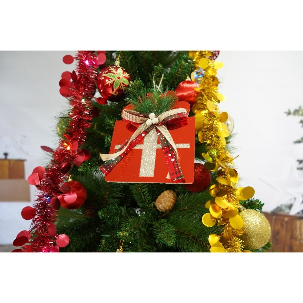 Set brad artificial de Craciun si elemente decorative, Decorat cu conuri de pin, pentru interior/exterior, inaltime 210 cm, diametru 114 cm, 1057 ramuri, Kadeny, verde, suport metalic inclus