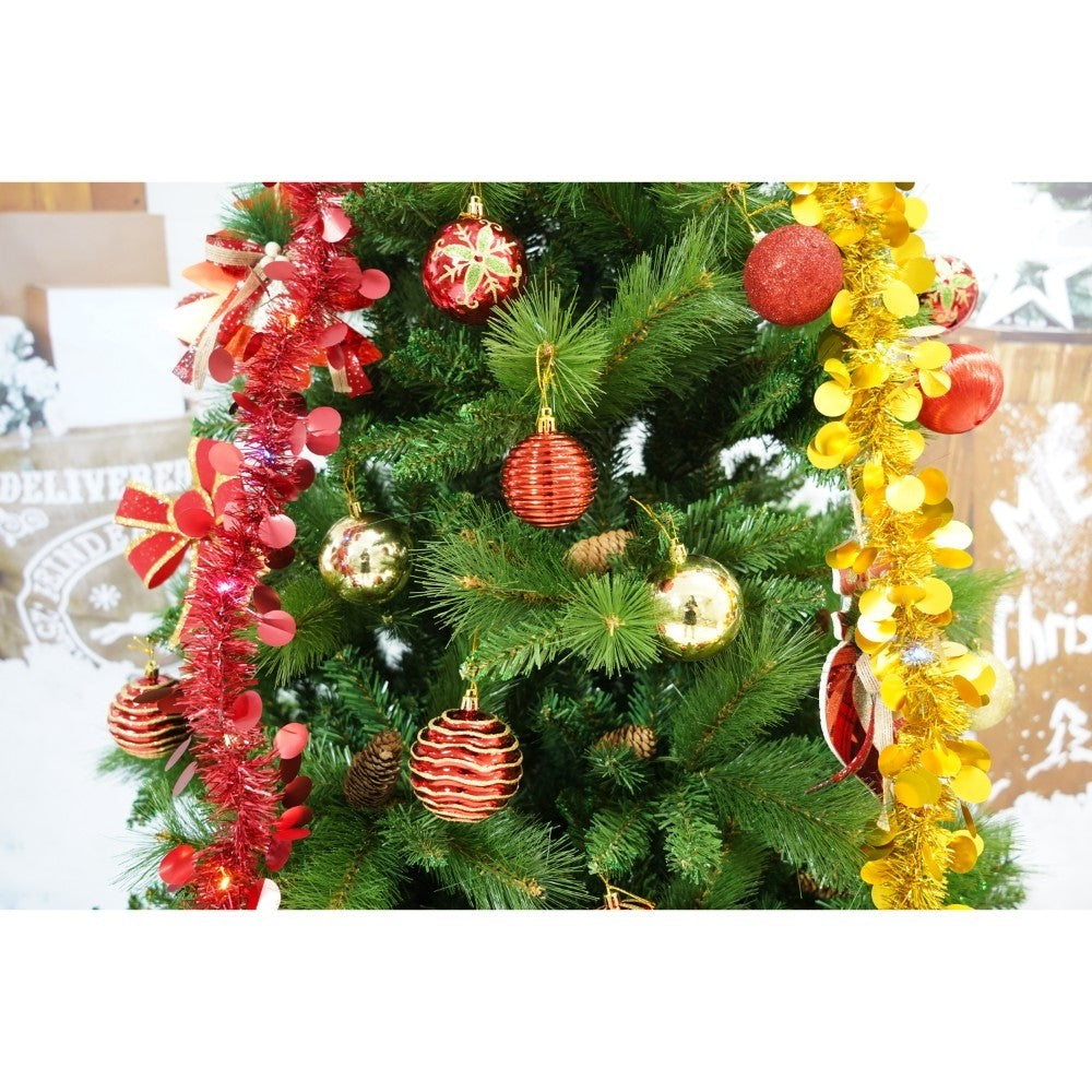 Set brad artificial de Craciun si elemente decorative, Decorat cu conuri de pin, pentru interior/exterior, inaltime 210 cm, diametru 114 cm, 1057 ramuri, Kadeny, verde, suport metalic inclus