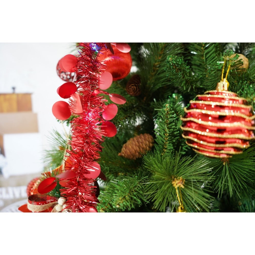 Set brad artificial de Craciun si elemente decorative, Decorat cu conuri de pin, pentru interior/exterior, inaltime 210 cm, diametru 114 cm, 1057 ramuri, Kadeny, verde, suport metalic inclus