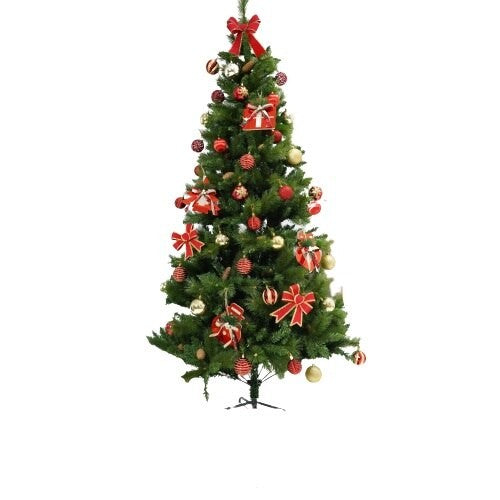 Set brad artificial de Craciun si elemente decorative, Decorat cu conuri de pin, pentru interior/exterior, inaltime 210 cm, diametru 114 cm, 1057 ramuri, Kadeny, verde, suport metalic inclus