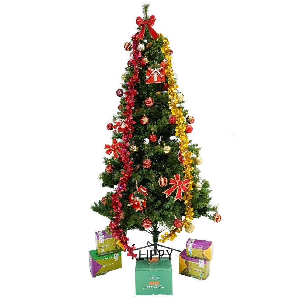 Set brad artificial de Craciun si elemente decorative, Decorat cu conuri de pin, pentru interior/exterior, inaltime 210 cm, diametru 114 cm, 1057 ramuri, Kadeny, verde, suport metalic inclus